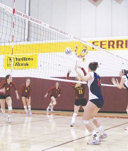 Samantha Fordyce Sets the Ball Up for the Spike <span class='credit'>Photo By: Kristyn Sonnenberg | Photo Editor</span><span class='description'>Redshirt freshman Samantha Fordyce sets it up for the spike at the match against Saginaw Valley State on Friday, in which she chalked up 30 of the Bulldogs’ 31 assists. The team ended up losing 0-3, but came back on Saturday to win 3-0 against Lake Superior State.</span>